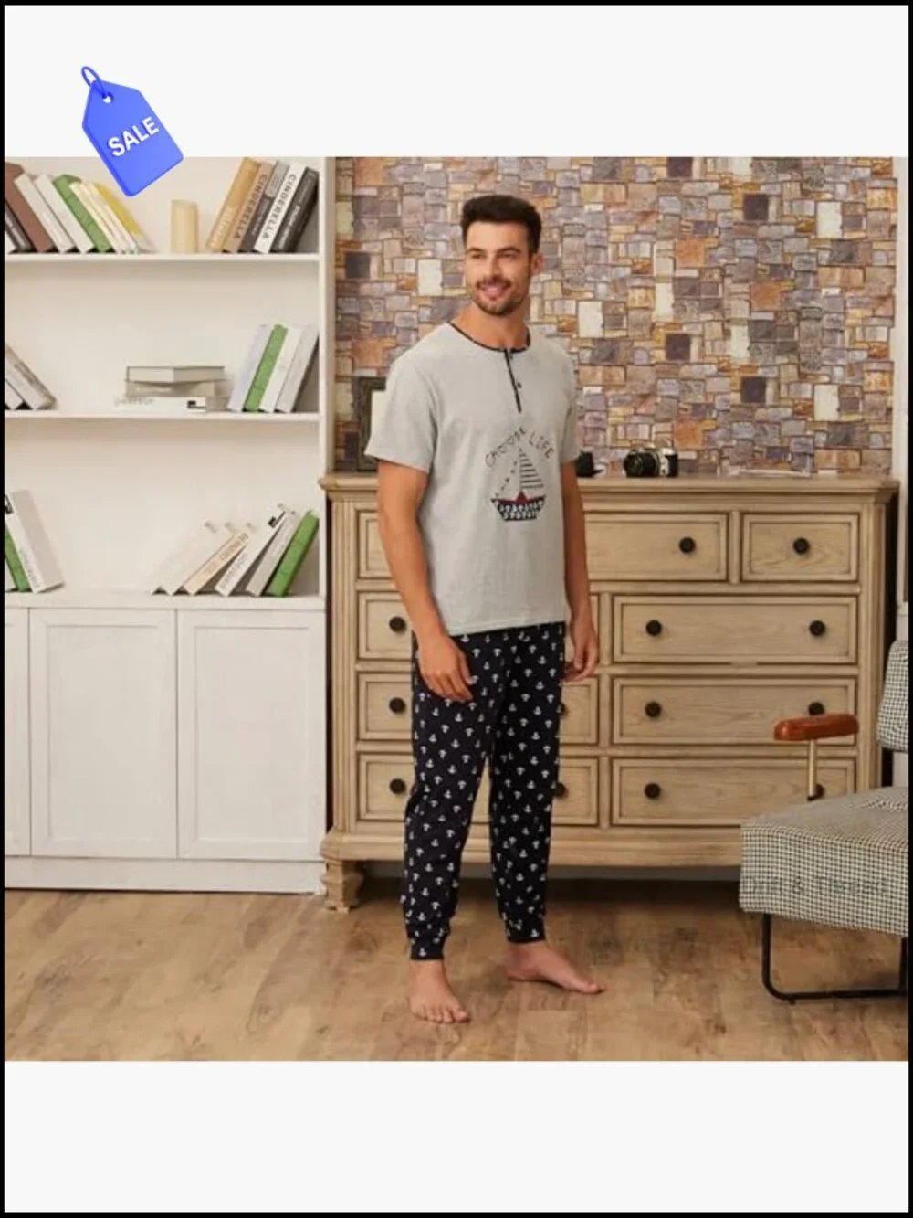 Men's Soft Cotton Pajama Set - Short Sleeve Tee & Drawstring Pants Sleepwear